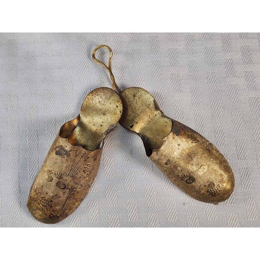 Vintage Embossed Brass Match Holder Wall Decor Asian Design Turtle Shoe Slippers